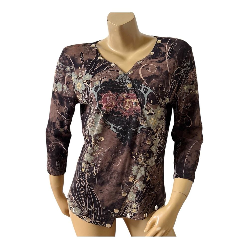 Boho Chic Top Womens Large Brown Graphic Studded Asymmetrical Hem 3/4 Sleeve